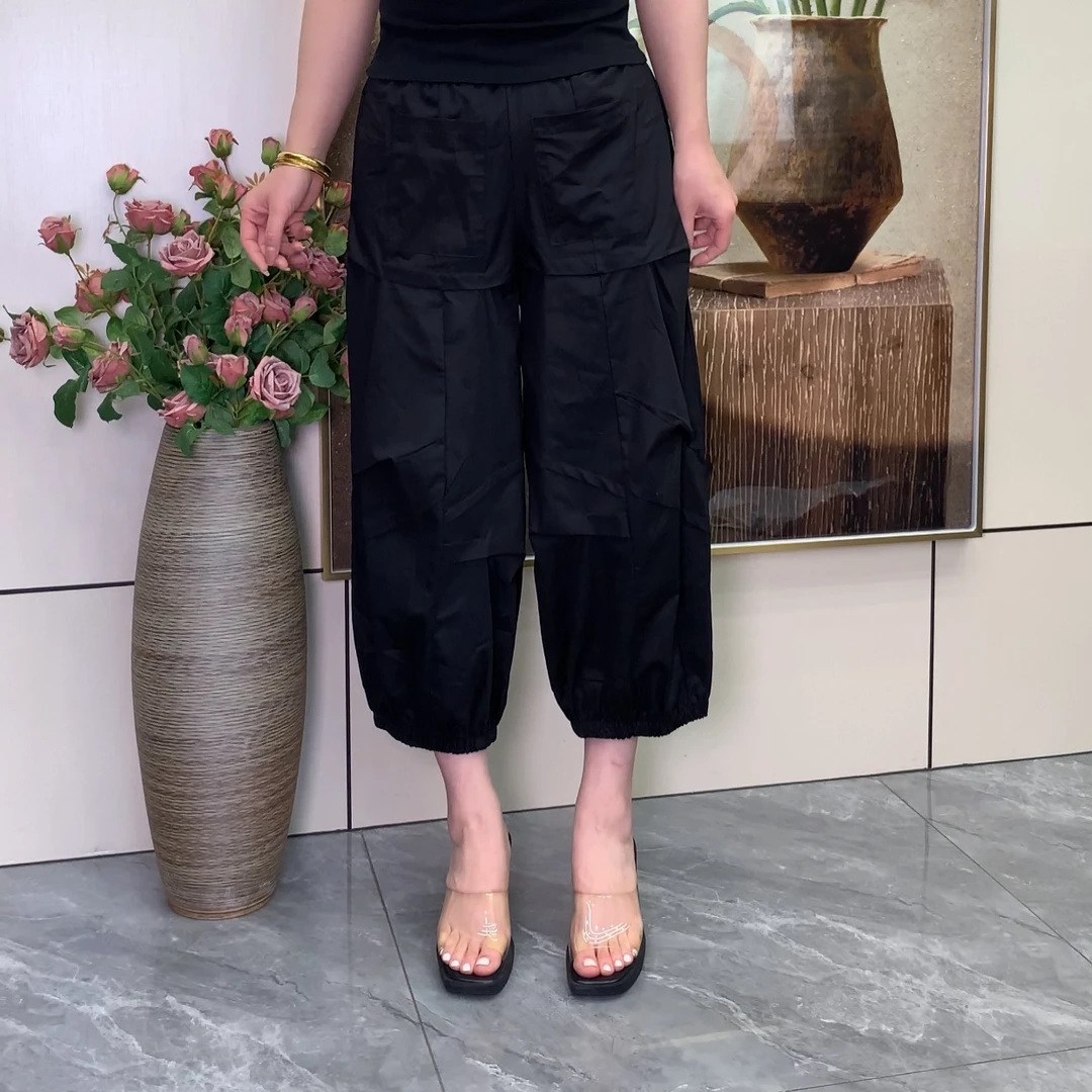 2025夏季新款宽松显瘦阔腿裤设计感松紧压褶灯笼裤休闲百搭女士裤