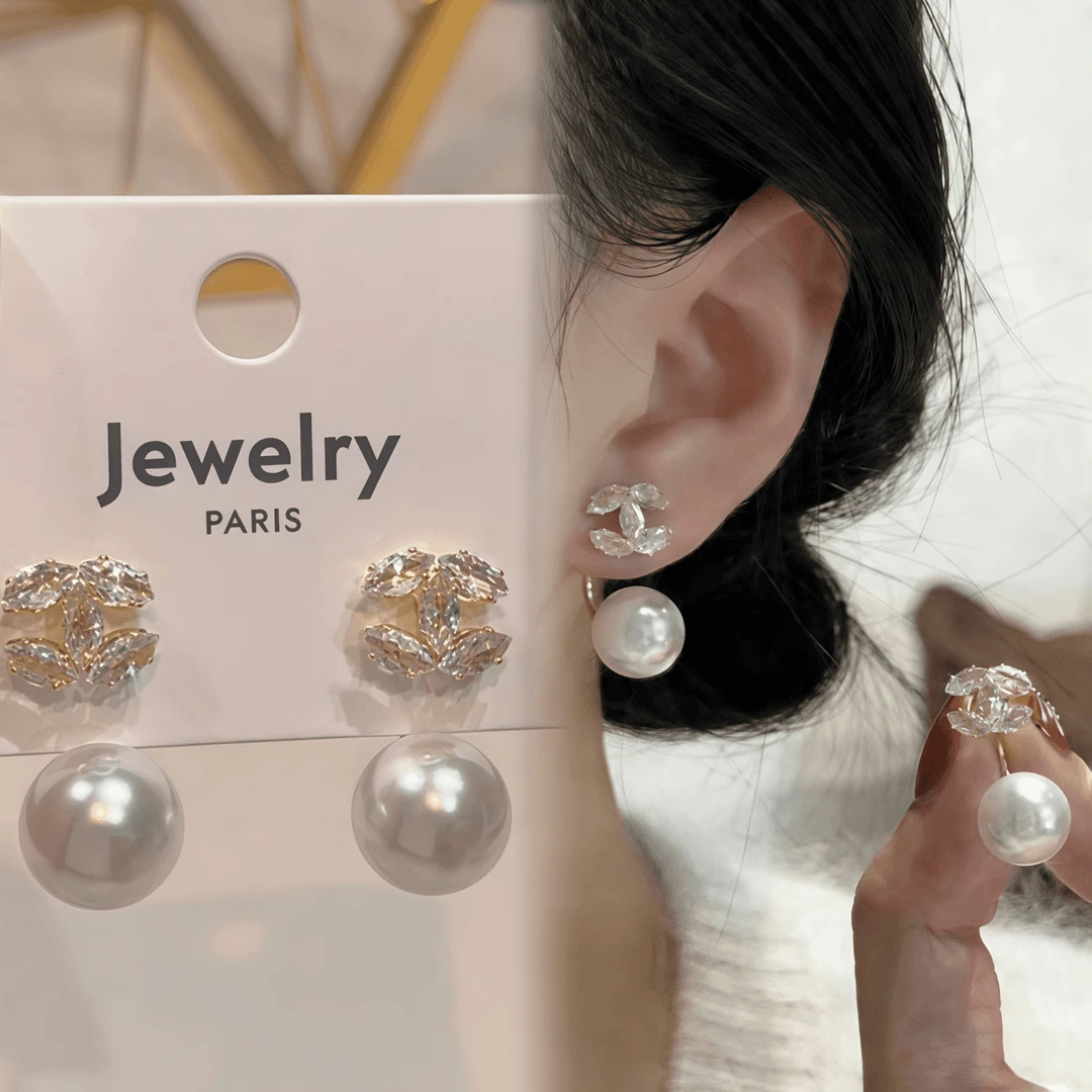 铜合金锆石耳饰 一款两戴小香风锆石珠珠耳钉