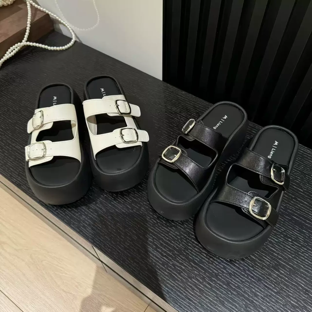 夏季新款时尚小众设计皮带扣露趾厚底拖鞋2006