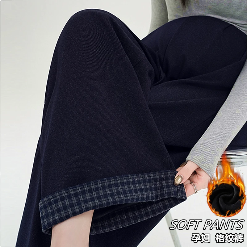 大码孕妇裤子秋冬季仿牛仔宽松直筒裤加绒保暖休闲阔腿裤春秋款