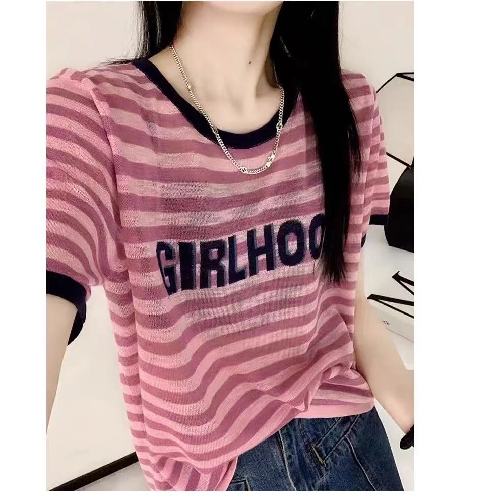 字母提花粉条纹醋酸麻薄款套头减龄显瘦针织衫上衣