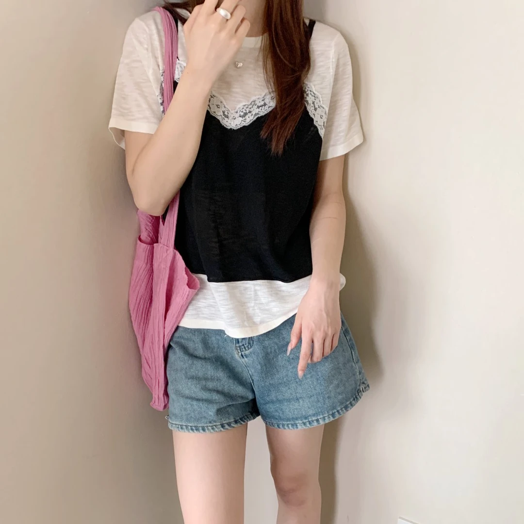 【素简.970126】夏季新款竹节麻花边吊带假两件短袖洋气女装针织衫