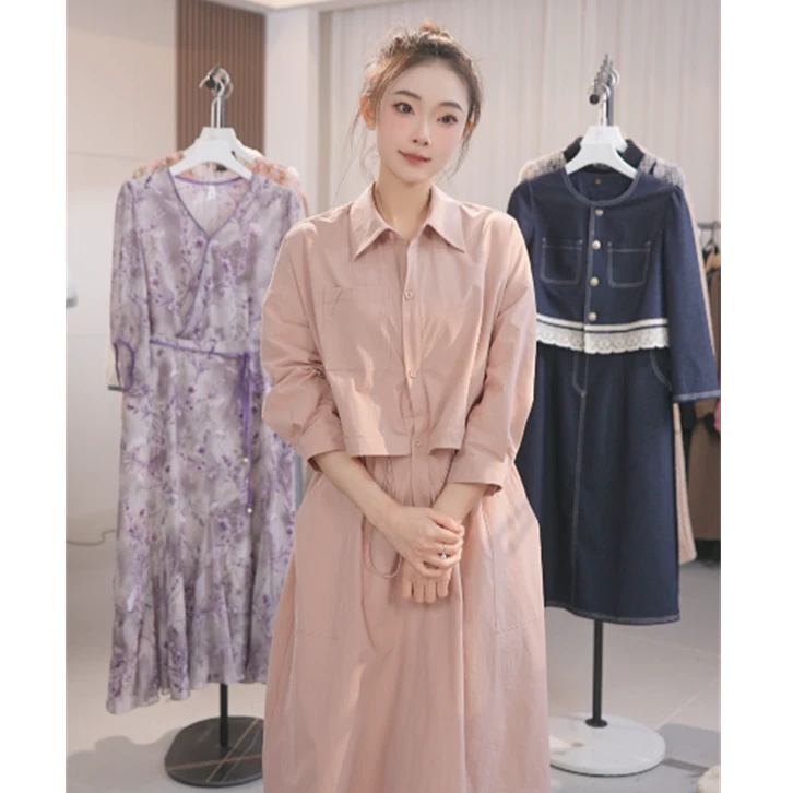 Y1898假两件衬衣连衣裙子女2025春秋新款中长遮肚显瘦妈妈洋气