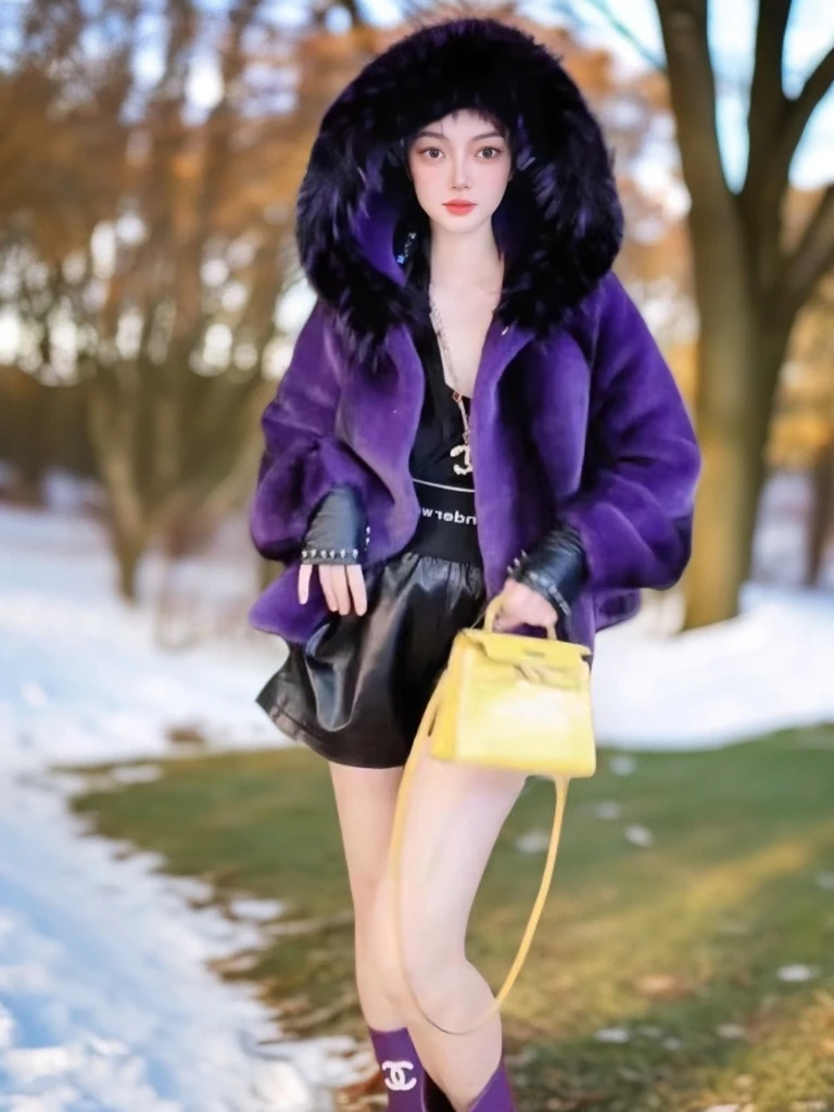 Mya24018（ 幻影紫）连帽外套冬季设计师气质仿貂毛皮环保毛大衣