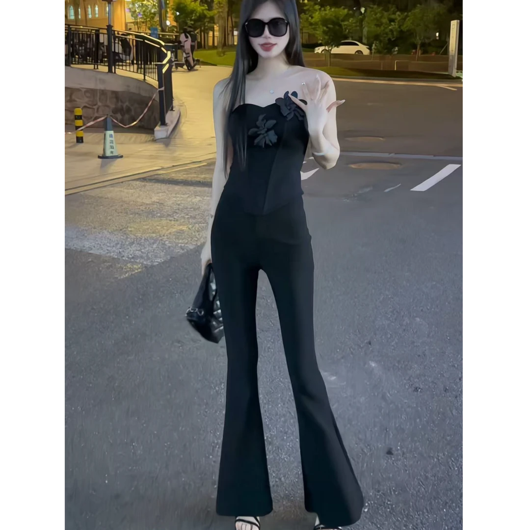 夏季时尚甜美立体花朵抹胸上衣高腰显瘦喇叭裤修身气质