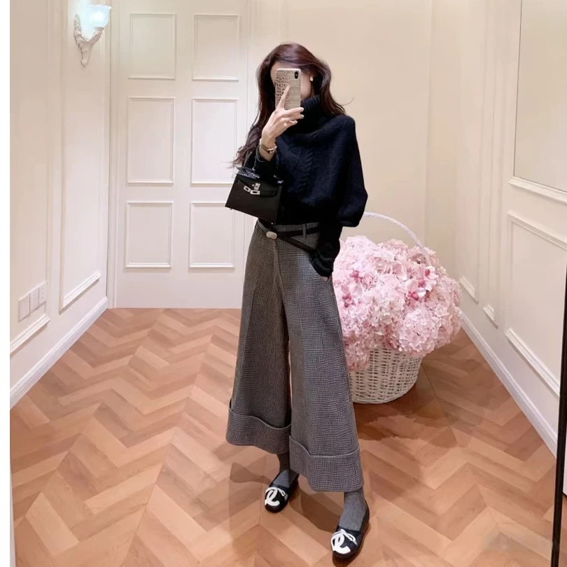 【现货旗舰正品】新款设计感打底衫叠穿黑色毛衣千鸟格阔腿裤三件套