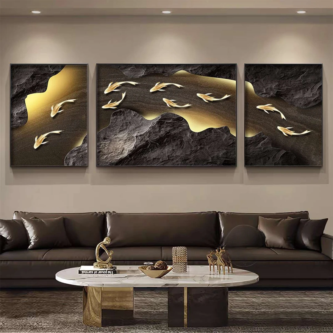 现代轻奢客厅装饰画九鱼图沙发背景墙挂画2025新款高级感三联壁画