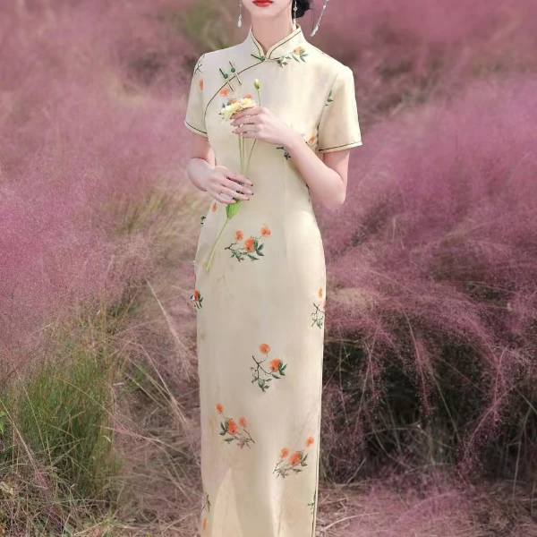 【0018事事如意】单层米白色改良拉链旗袍长约130cmS-3XL