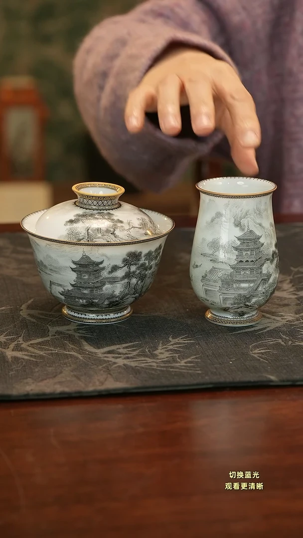 張手绘重工墨彩岳阳楼二件套
