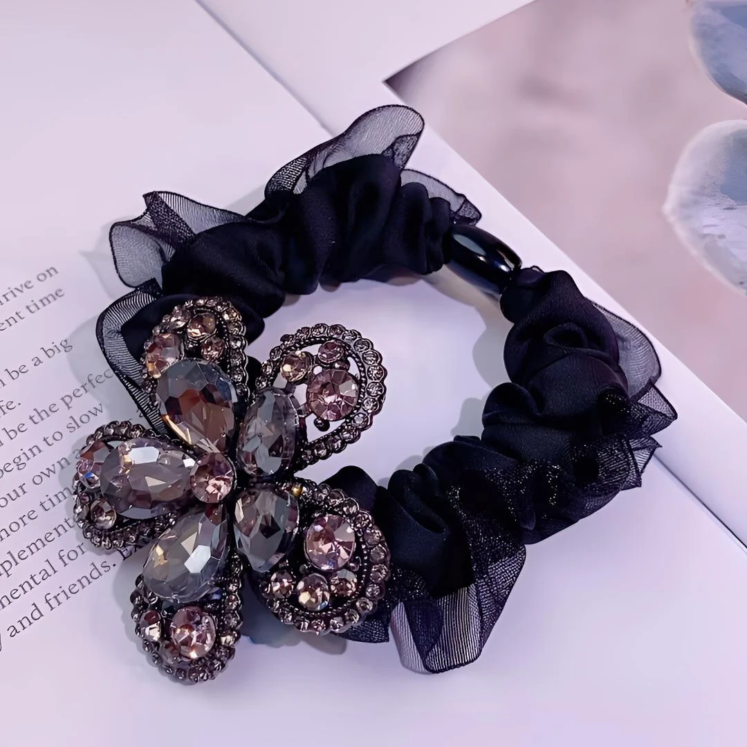 新款气质2025满钻时尚轻奢花头绳百搭简约紫色发绳重工韩版网纱