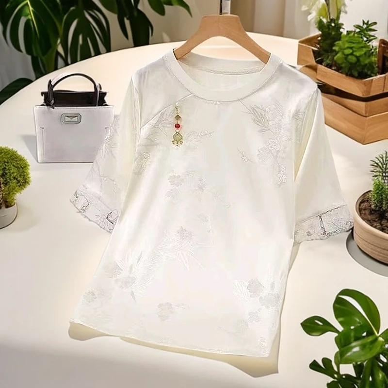 春夏中式复古国风短袖小衫圆领夏季提花新款缎面文艺白色女士上衣