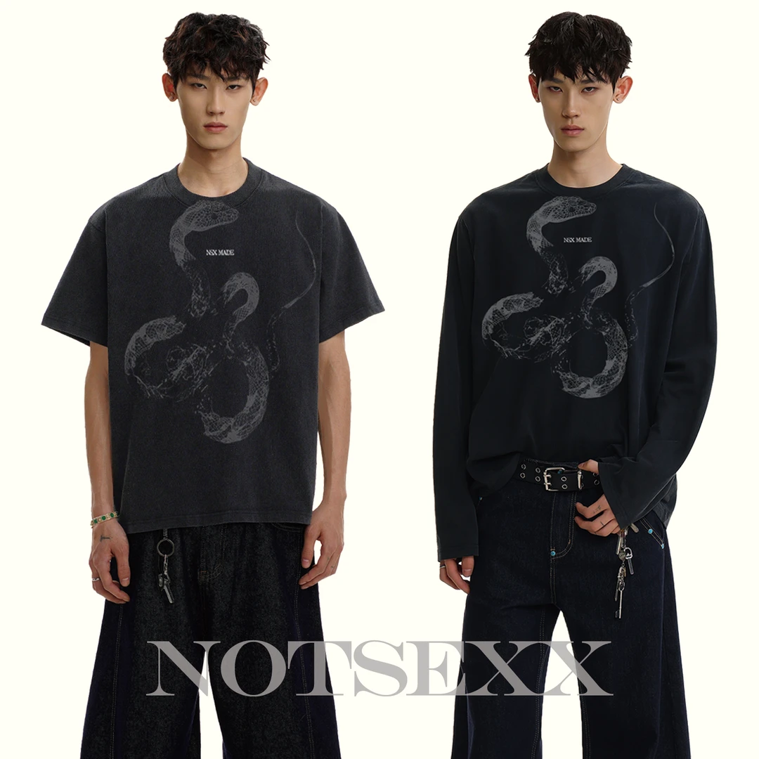 notsexx“暗影之蛇” 进口数码直喷重磅纯棉短宽boxy长袖短袖t恤男