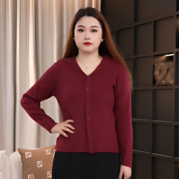 2025秋冬装V领休闲风大码女装通勤休闲纯色长袖时尚针织衫69341