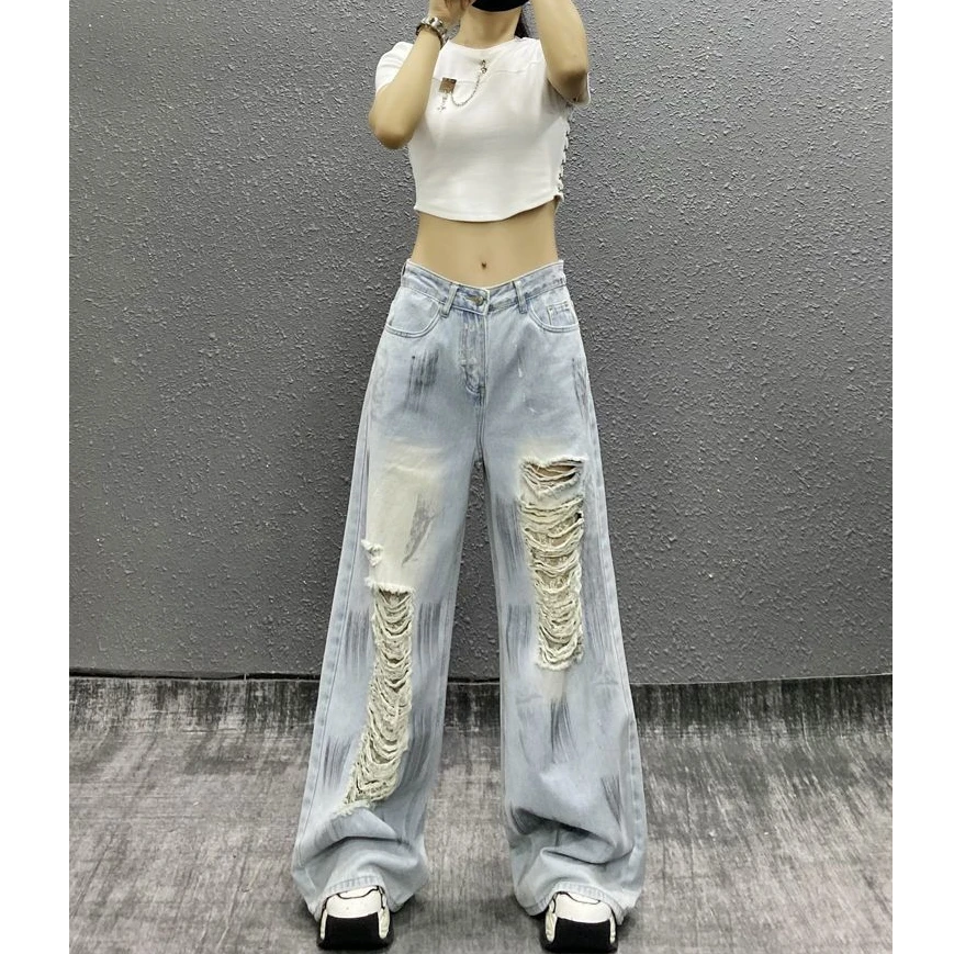 浅蓝扎染撞色设计感磨破阔腿牛仔裤女2025新款宽松垂感裤子3798#