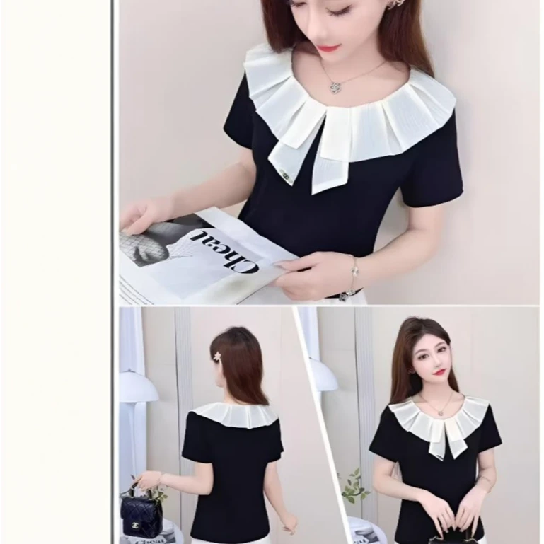 玲子家 829 气质荷叶边撞色圆领短袖2025夏季修身显瘦上衣