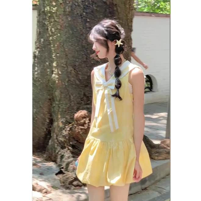 午后花园 法式海军领蝴蝶结黄色甜美温柔南瓜连衣裙2025夏季新款