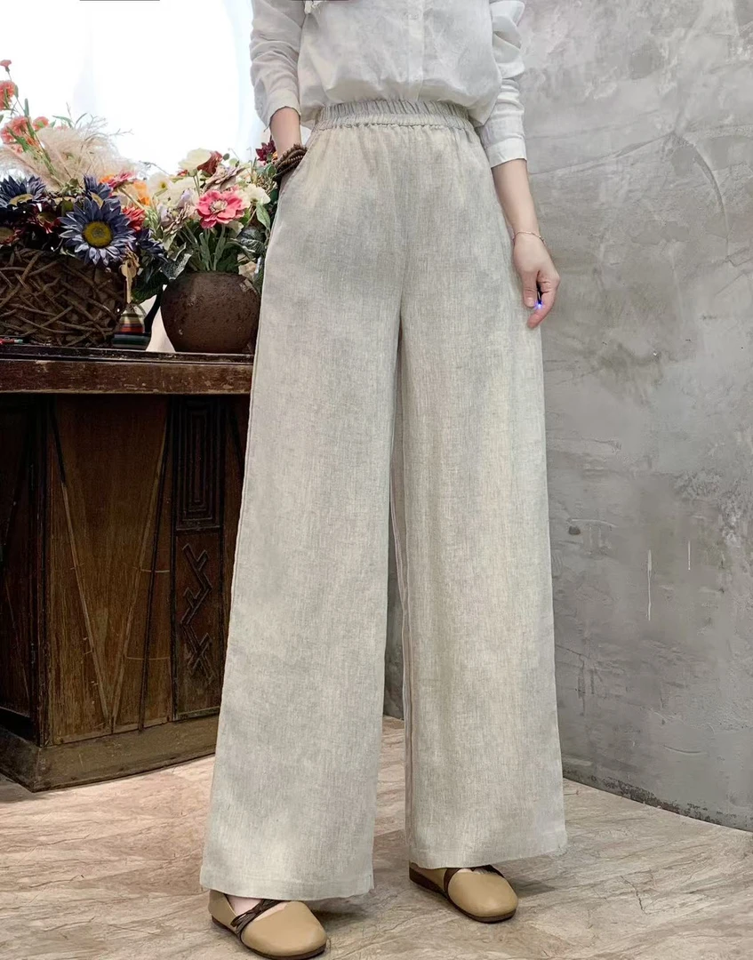 YIWEN纯亚麻休闲直筒阔腿裤子女夏季新款松紧垂感显瘦1029