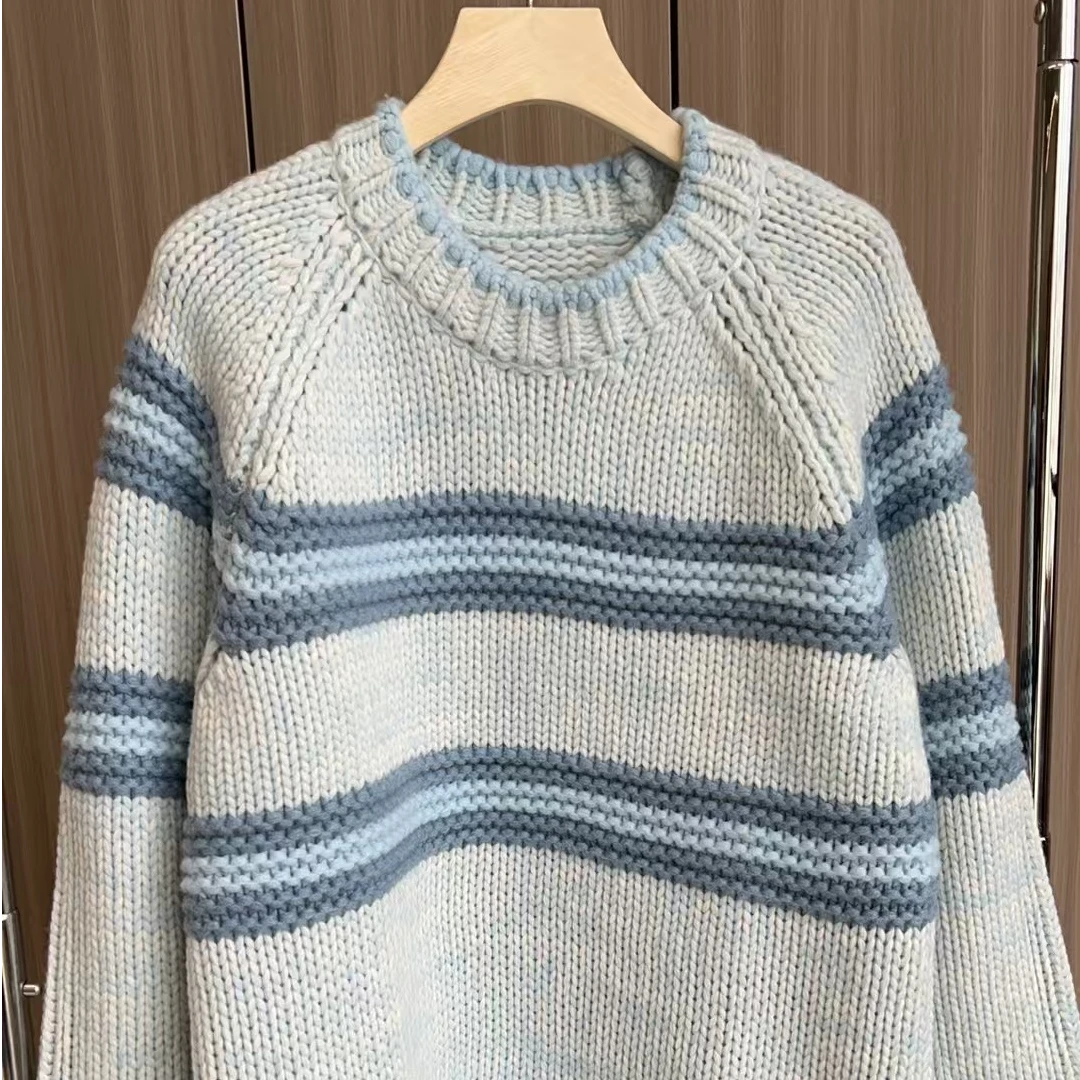 【天空的一抹蓝】241695秋冬时尚条纹配色款羊绒衫厚款时尚百搭