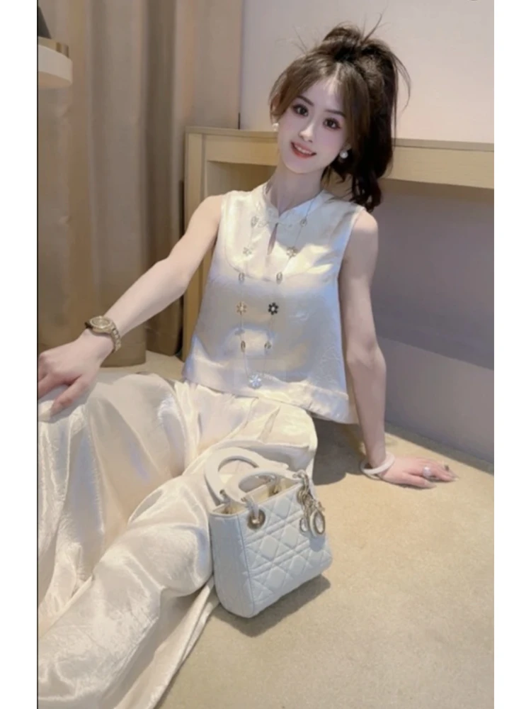 2025超火夏装大方得体轻奢高级感女人味新中式国风气质白色套装裤