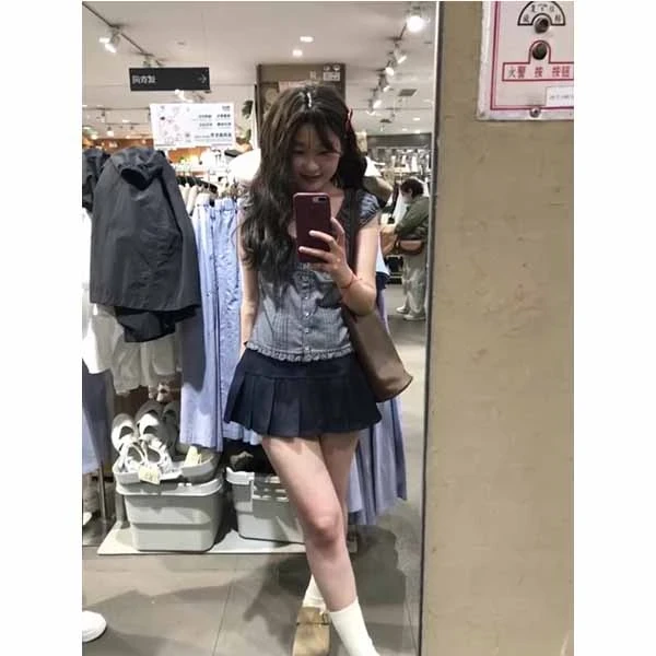 韩系复古木耳边格子方领短袖衬衫感纽扣修身百搭上衣短裙套装女