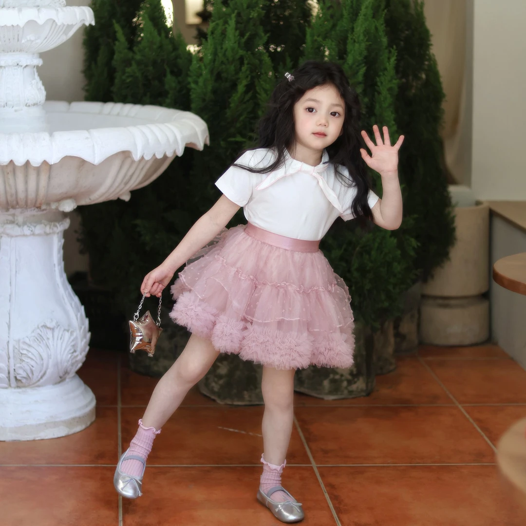 ZML 女童甜美套装夏季公主T恤+粉色重工tutu蕾丝拼接半裙表演六一