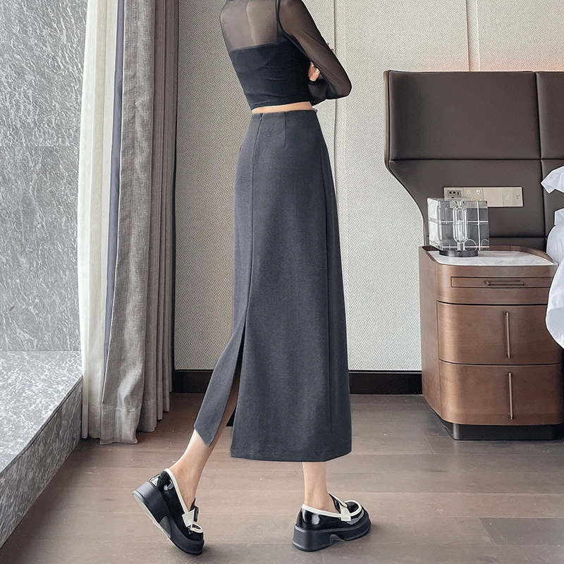 灰色过膝毛呢半身裙女秋冬厚款高腰显瘦气质通勤开叉a字中长裙子