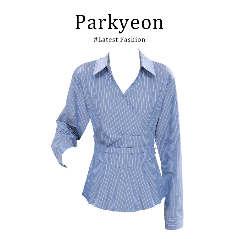 parkyeon法式修身显瘦蓝白条纹衬衫女2025秋季设计感收腰长袖上衣