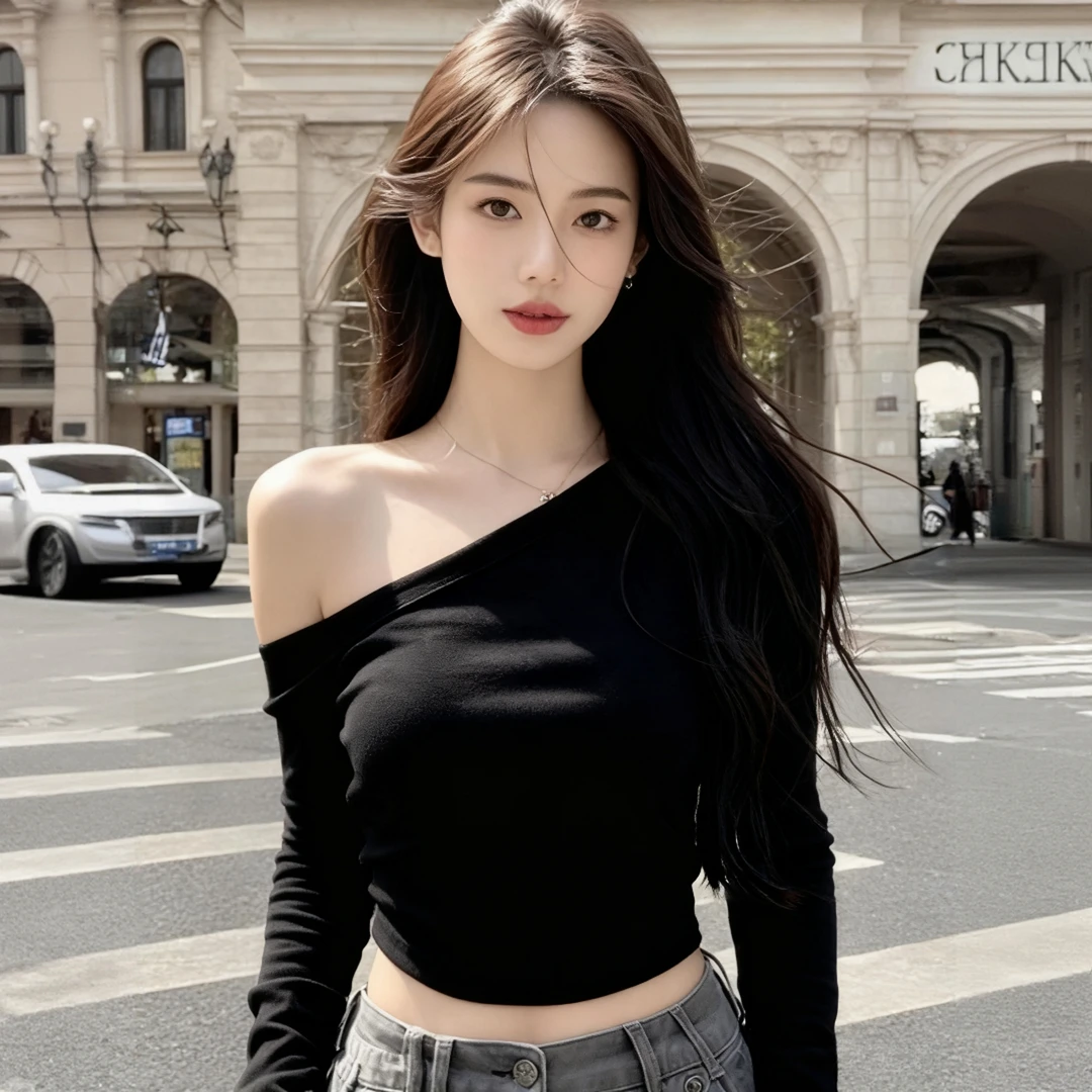 2025秋季新款斜肩长袖T恤性感辣妹风穿搭短款上衣露肩显瘦设计女