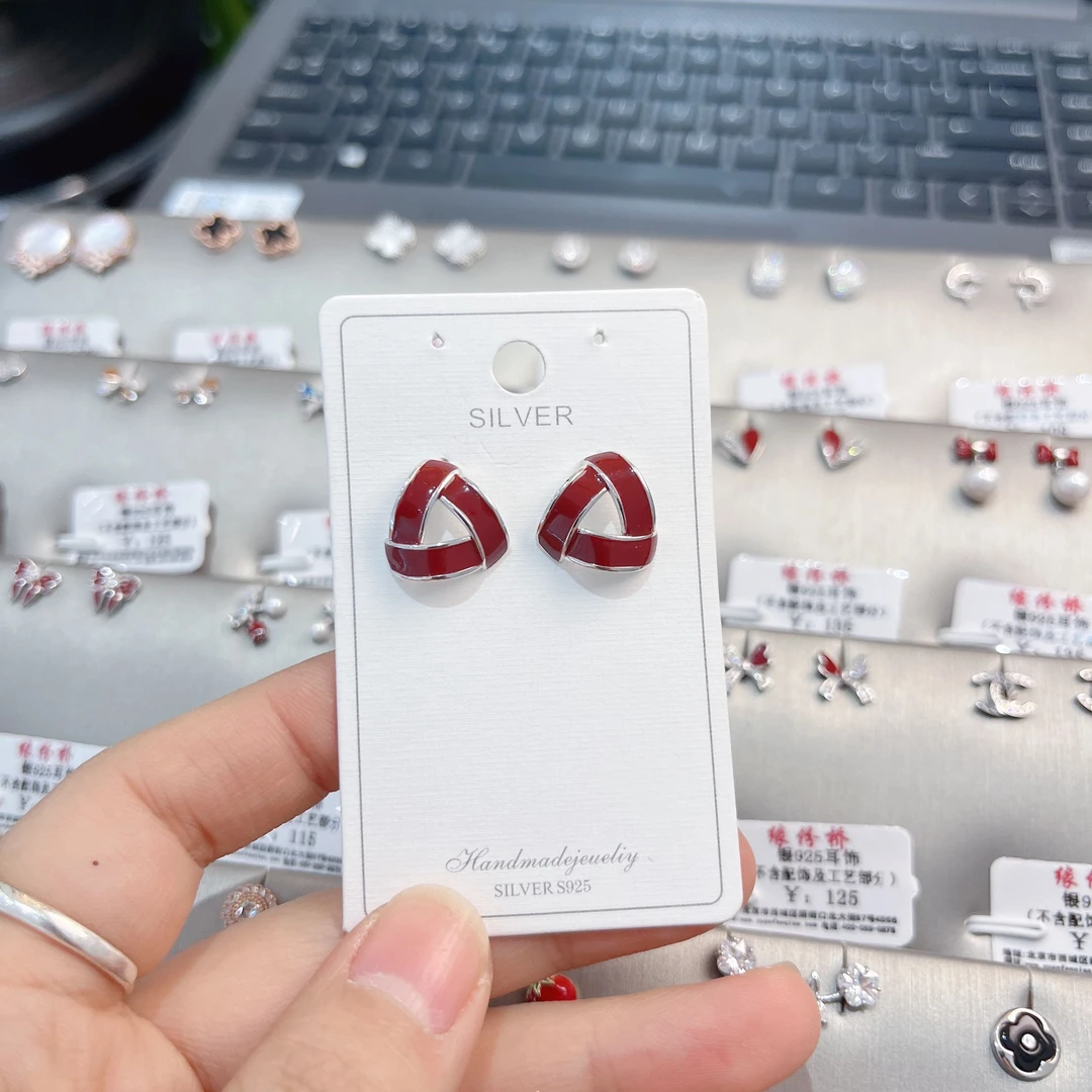 925银珐琅耳饰 S925 银安哥拉红耳钉