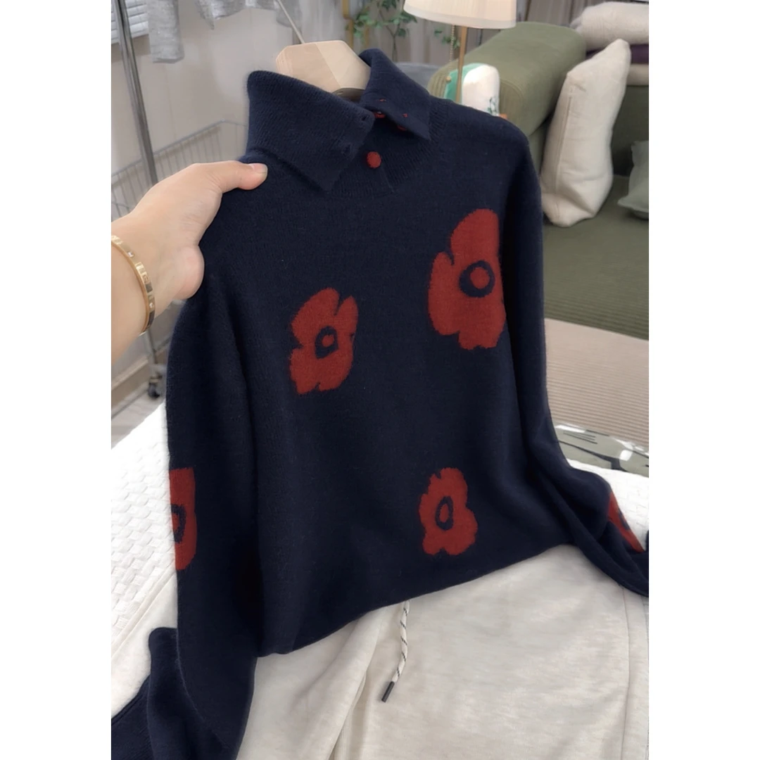 3642【花朵提花翻领钉扣毛衣】秋冬新款女士韩版宽松外穿上衣