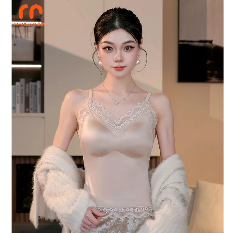 曼娜莎蕾丝鎏金缎面吊带背心春夏性感欧若风百搭无痕美背内搭外穿