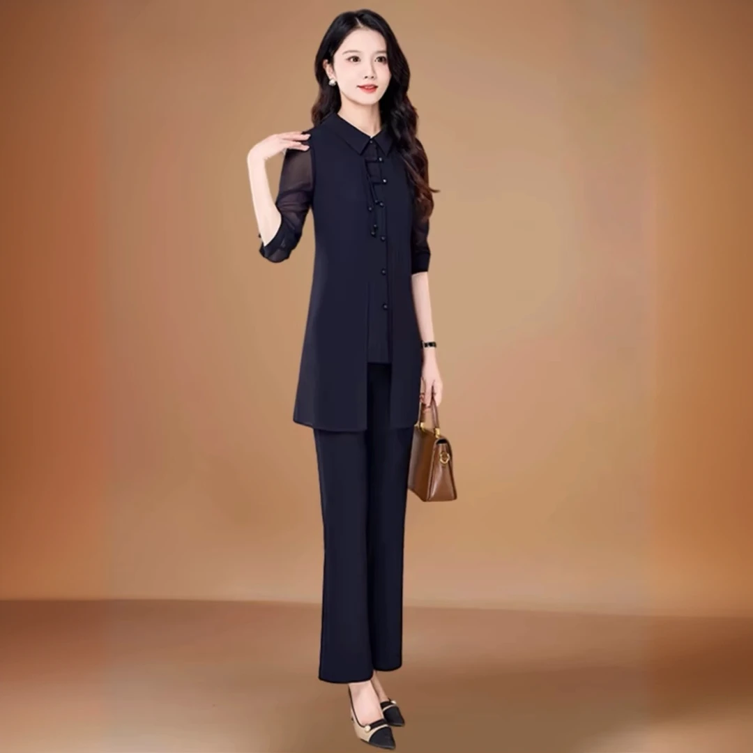 春日出行游玩穿搭雪纺上衣阔腿裤套装女春夏薄纱气质高档妈妈减龄