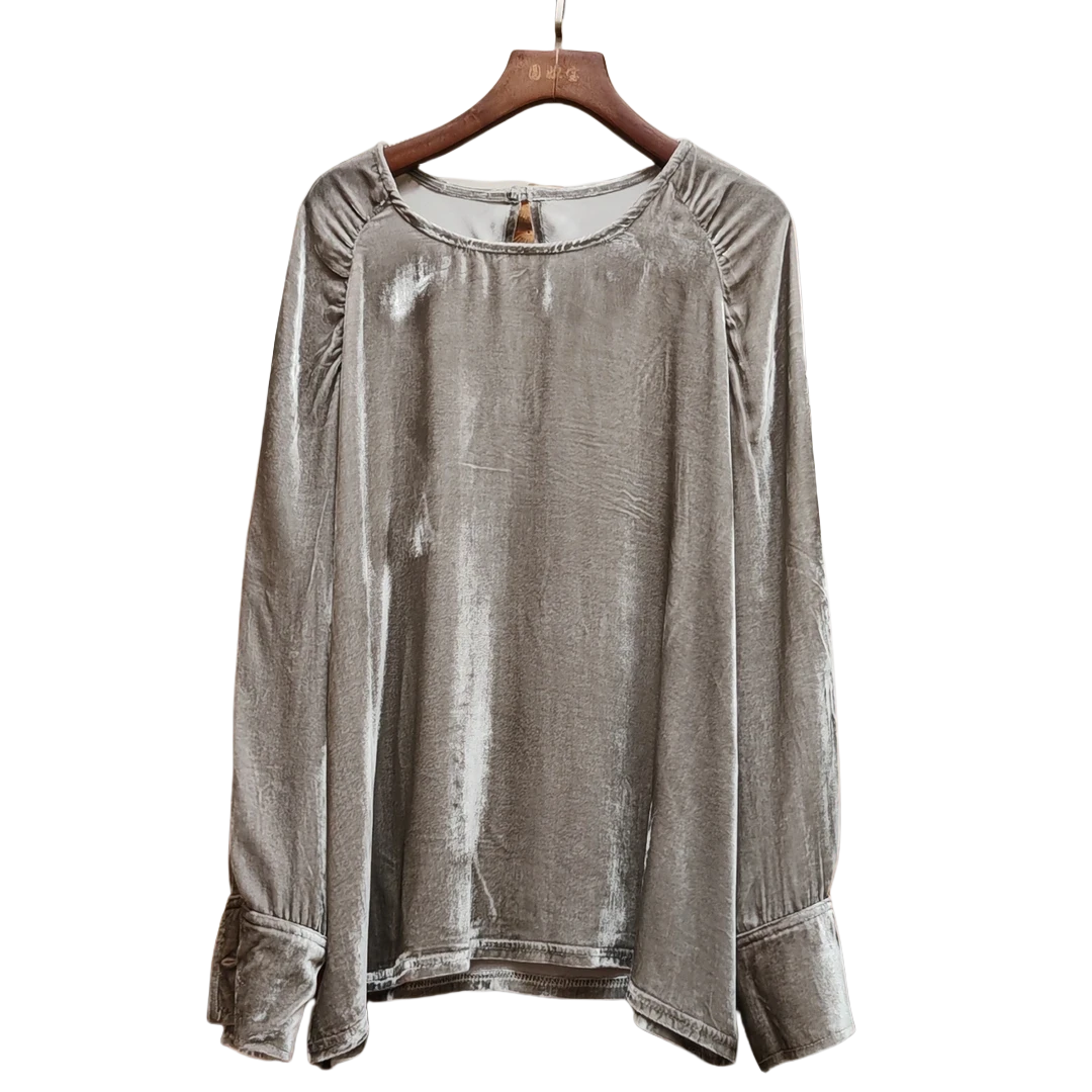 圆妲宝《星辰》加密加厚桑蚕丝复古丝绒中式圆领长袖时尚高级灰