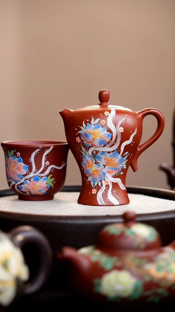茶壶紫砂朱泥小蛮腰泥绘三花+杯012