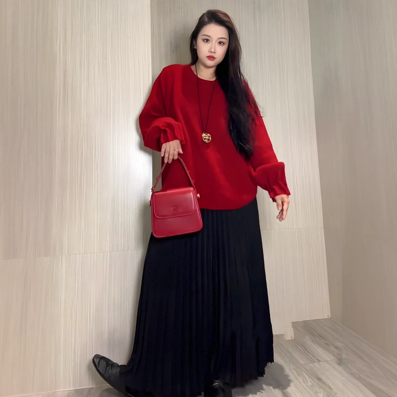 大码慵懒复古红色灯笼袖毛衣女秋冬新款胖mm宽松显瘦圆领套头上衣