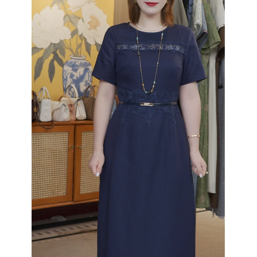 亚麻藏蓝色绣花蕾丝拼接连衣裙女2025夏季新款收腰气质知性A字裙