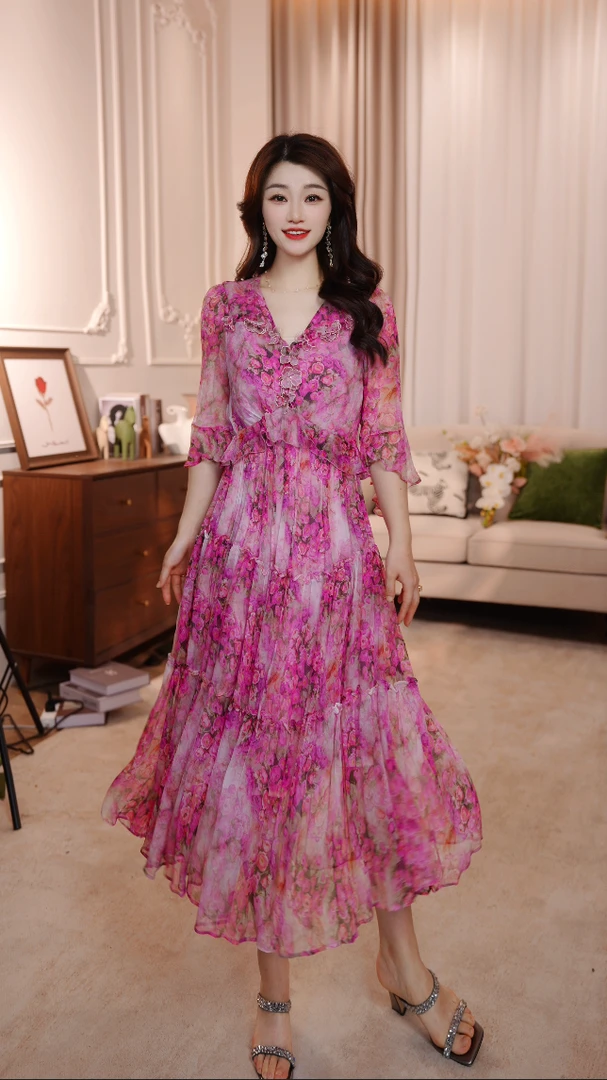 【绯月玫瑰】25年时尚名媛风优雅气质收腰高端连衣裙