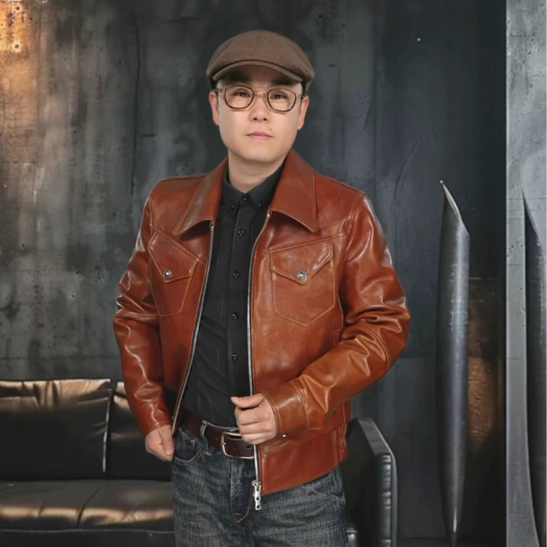 5C333植鞣工艺马皮男士春秋翻领短款新门多萨时尚原创复古皮衣