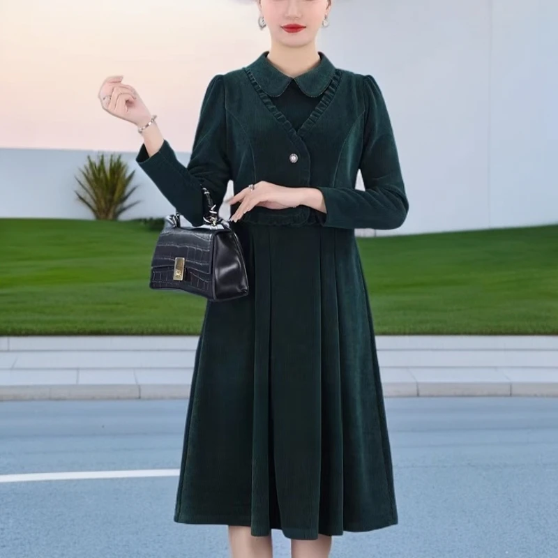 2121绿#【木兮兮专属】2026年春季气质修身显瘦轻奢假两件连衣裙