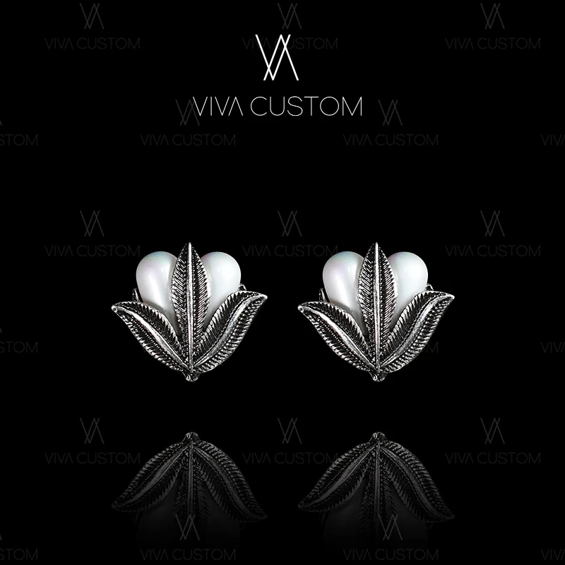 铜合金仿珍珠耳饰 (珠华旧梦系列)暗黑金属民族风枫叶珠珠耳拍◎