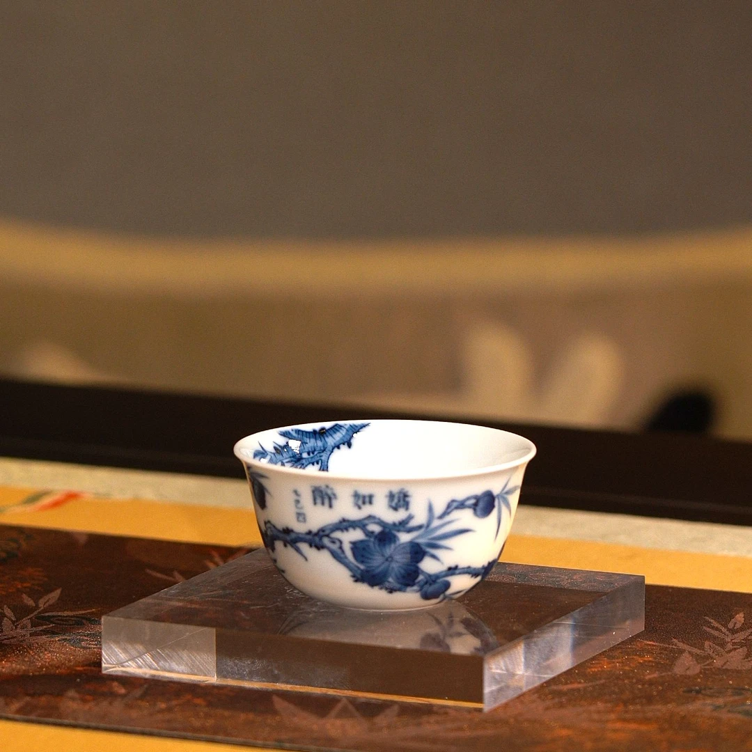 L雨后 湛蓝系列 人间四月 桃花杯 景德镇纯手工手绘瓷器