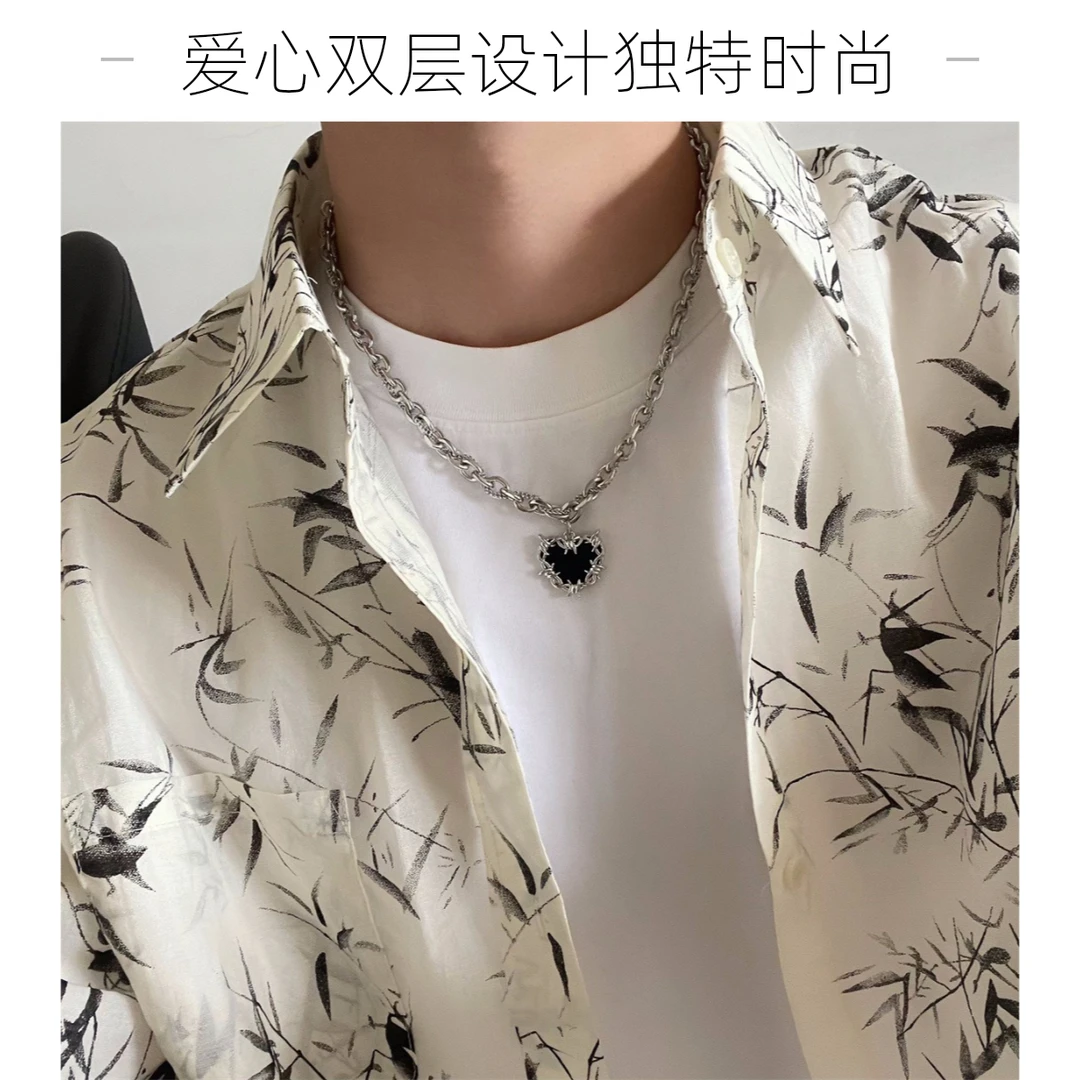 爱心双层缠绕项链男嘻哈风钛钢简约小众设计感锁骨百搭锁骨链