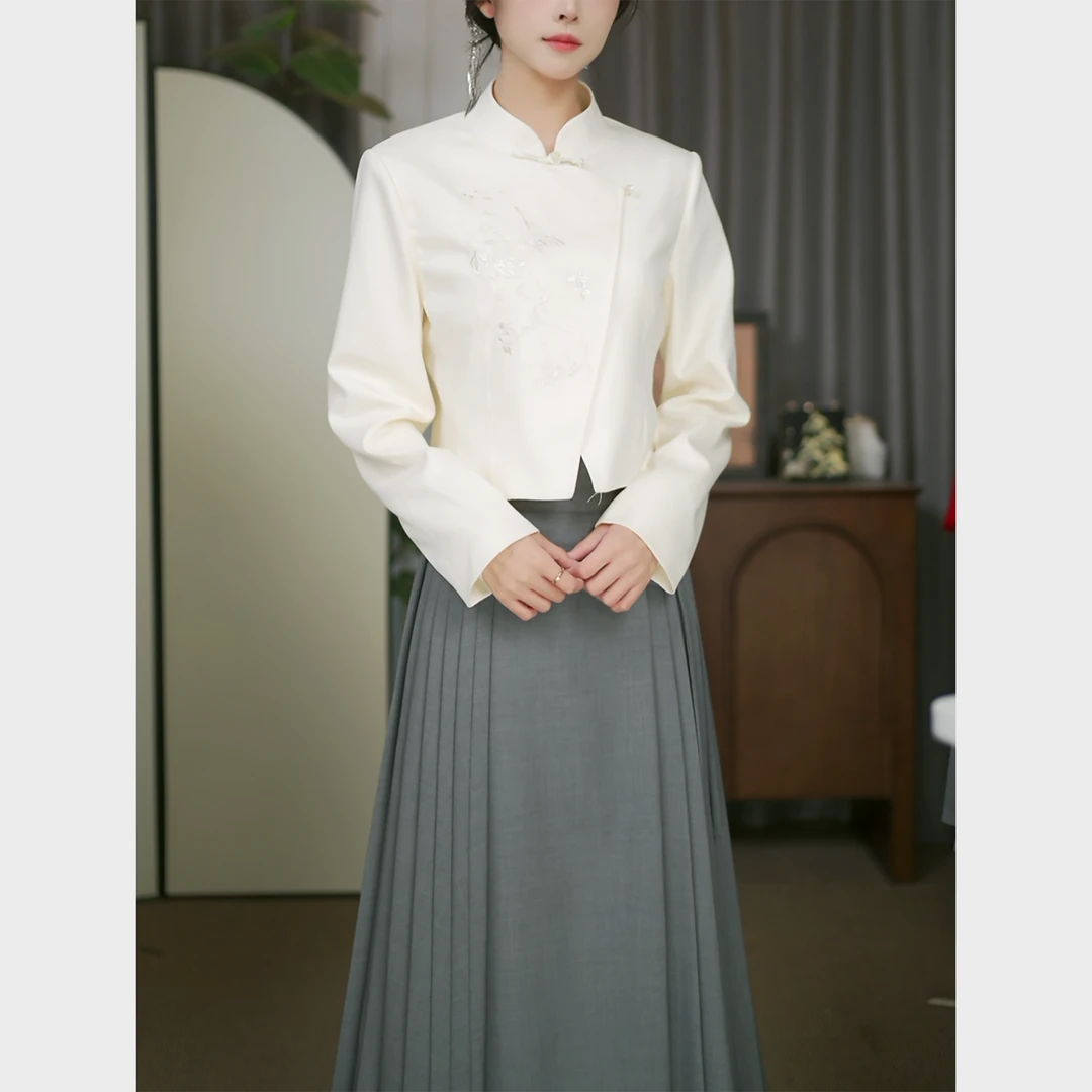 套装-【今时月+知棠序】八分裙新中式刺绣汉服上衣简约秋冬醉雨朵