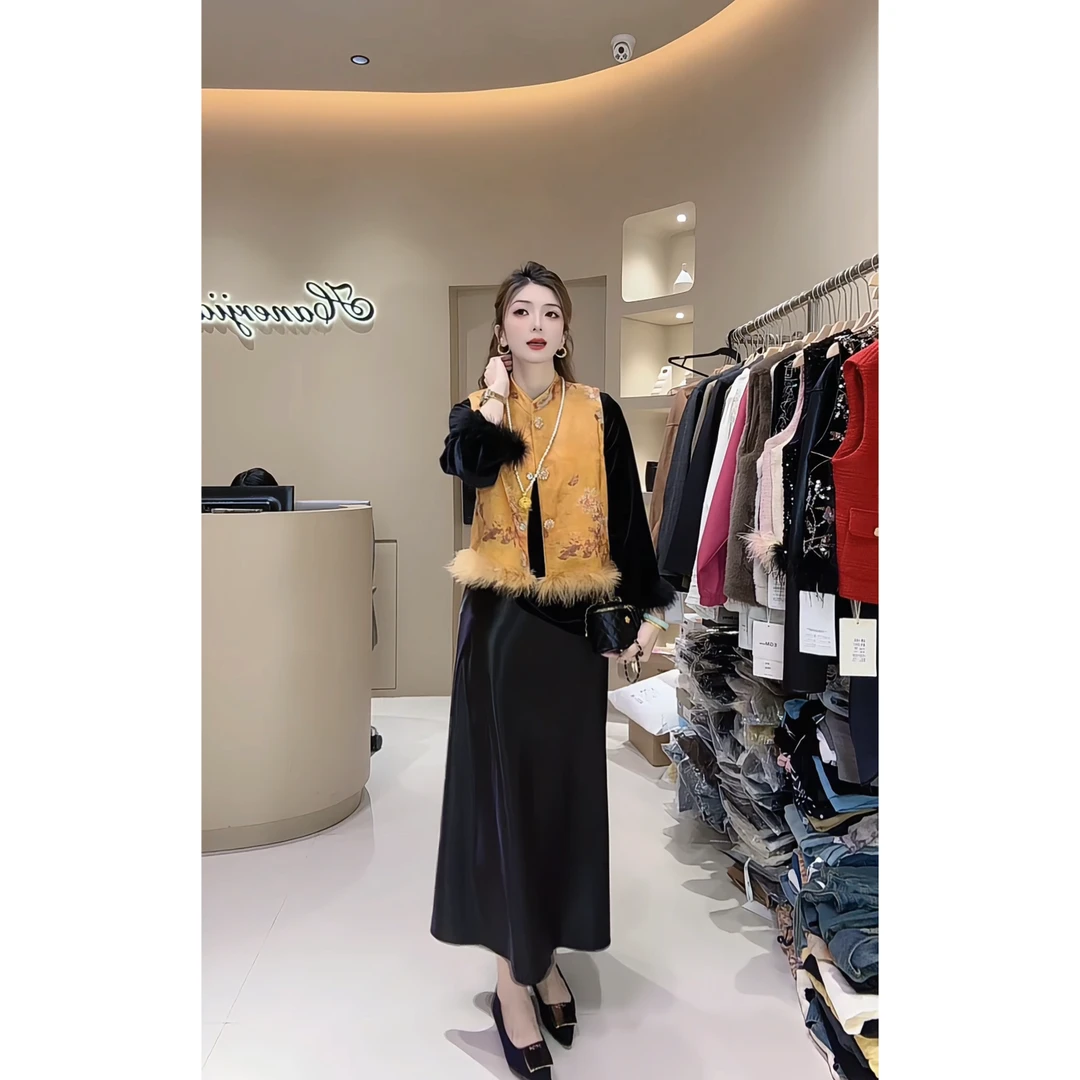 涵儿家 秋冬新中式国风立领拼接毛边提花马甲