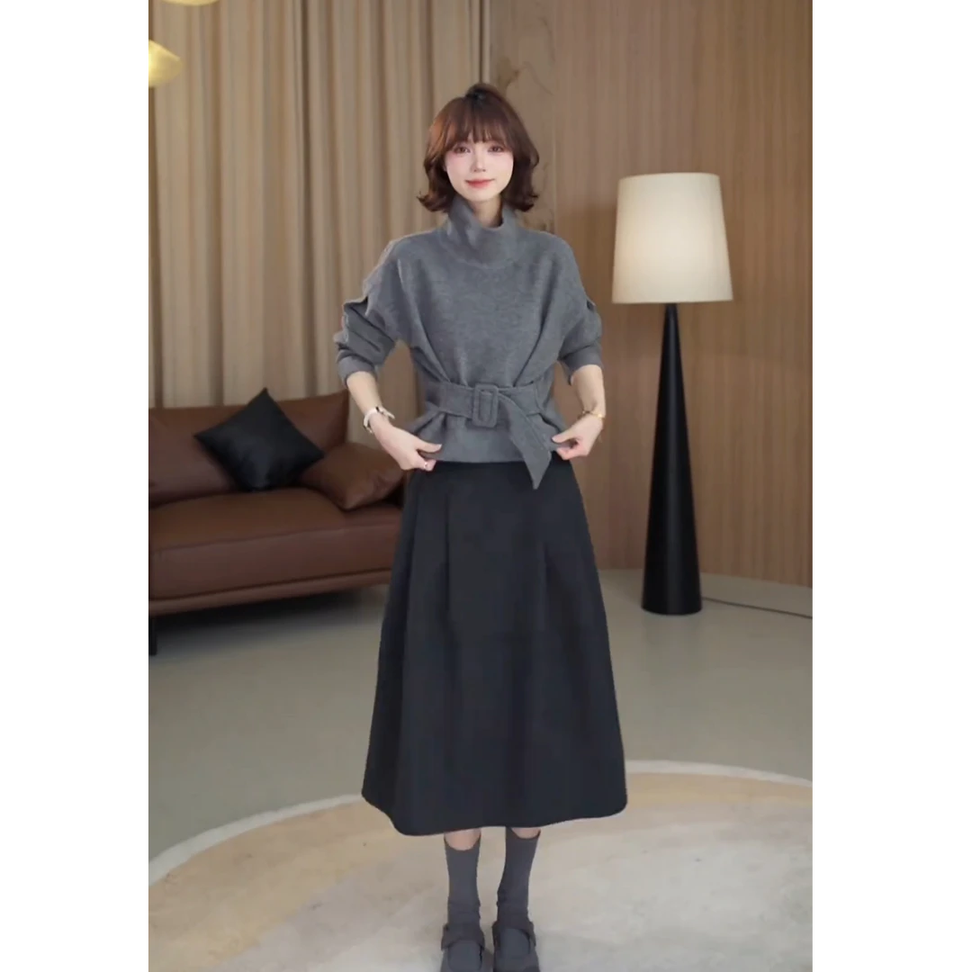 2025秋冬新款时尚气质宽松休闲慵懒风百搭复古上衣半身裙两件套