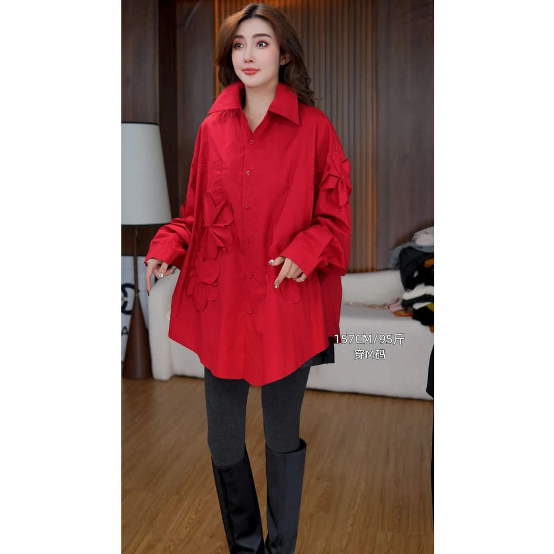 3781#新款时尚高级感重工花朵设计款长袖气质衬衫