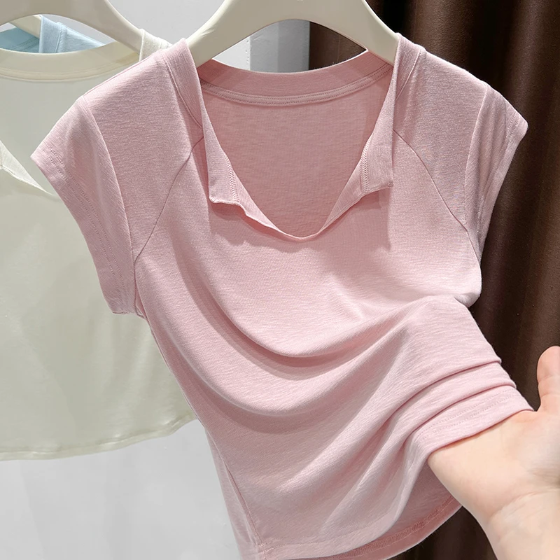 粉色V领显瘦短袖T恤女款2025新款爆款设计感翻领修身洋气百搭上衣