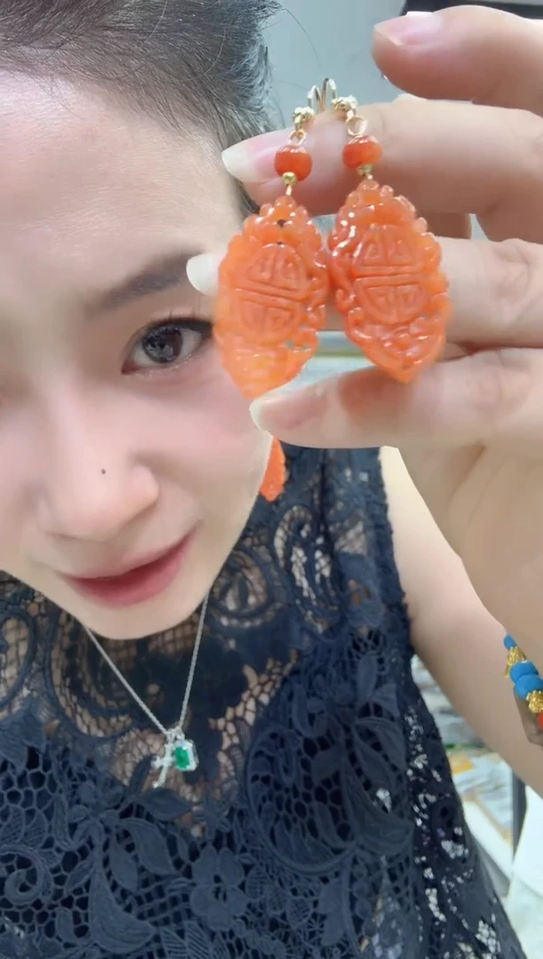 翡翠未镶嵌耳饰1397红翡耳坠一对