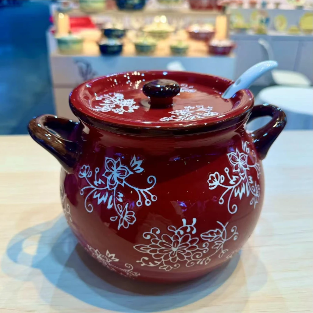 出西欧红青藤猪油罐糖罐手绘大容量双耳