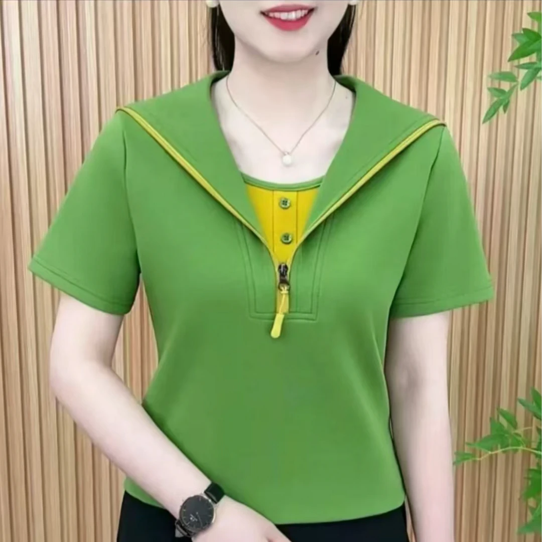 2025夏季时尚洋气新品纯色假两件拉链百搭遮肚子休闲精梳棉t恤女